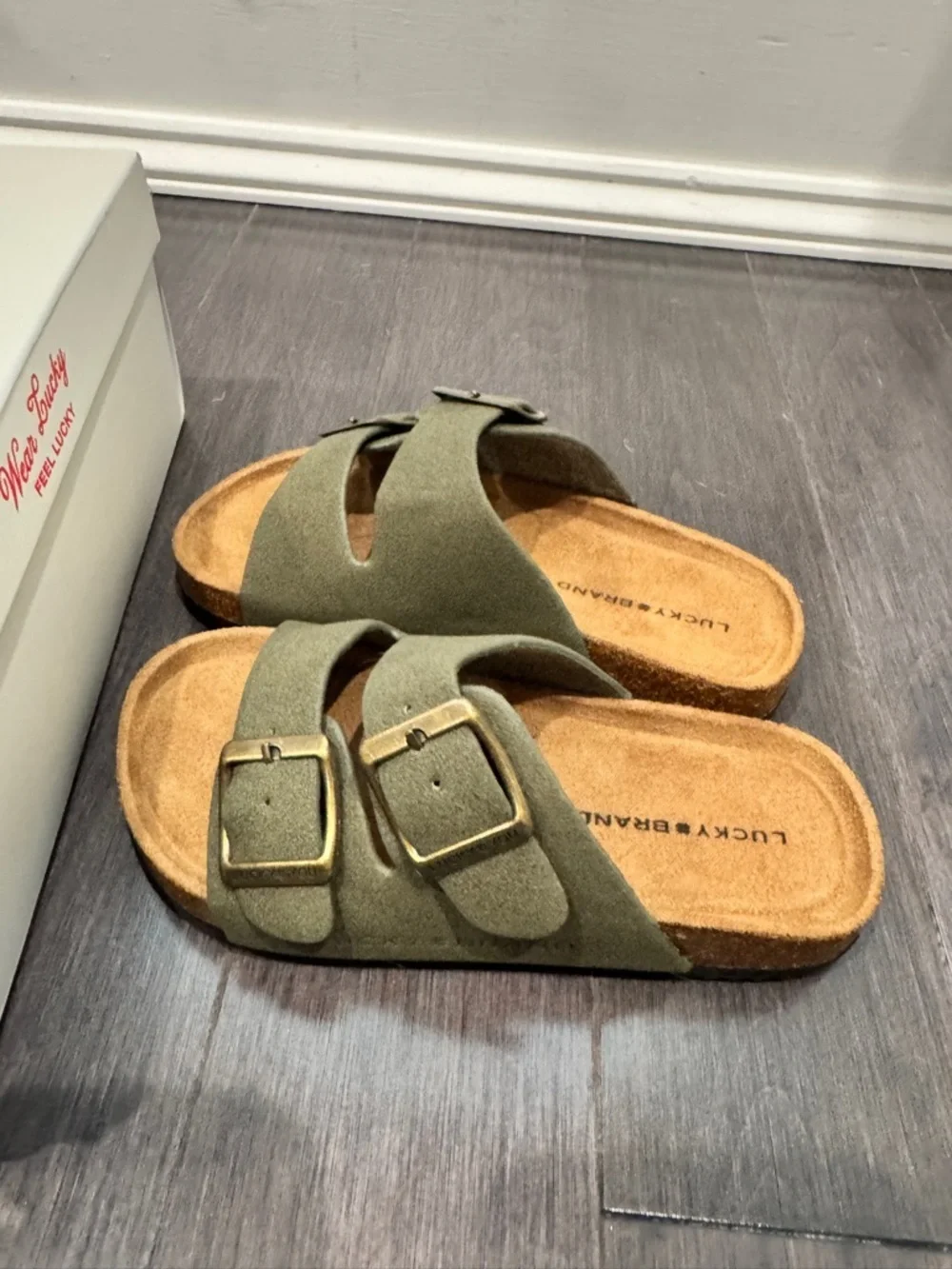 NWT Lucky Brand Girls Toddl Size 12 Olive Green Double-Buckle Slide Sandals Kids